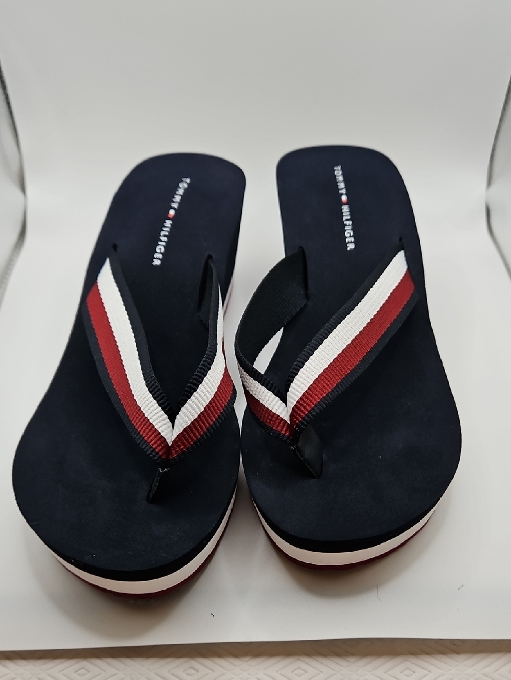 Tommy Hilfiger Navy Flip-Flops with Red and White Striped Straps